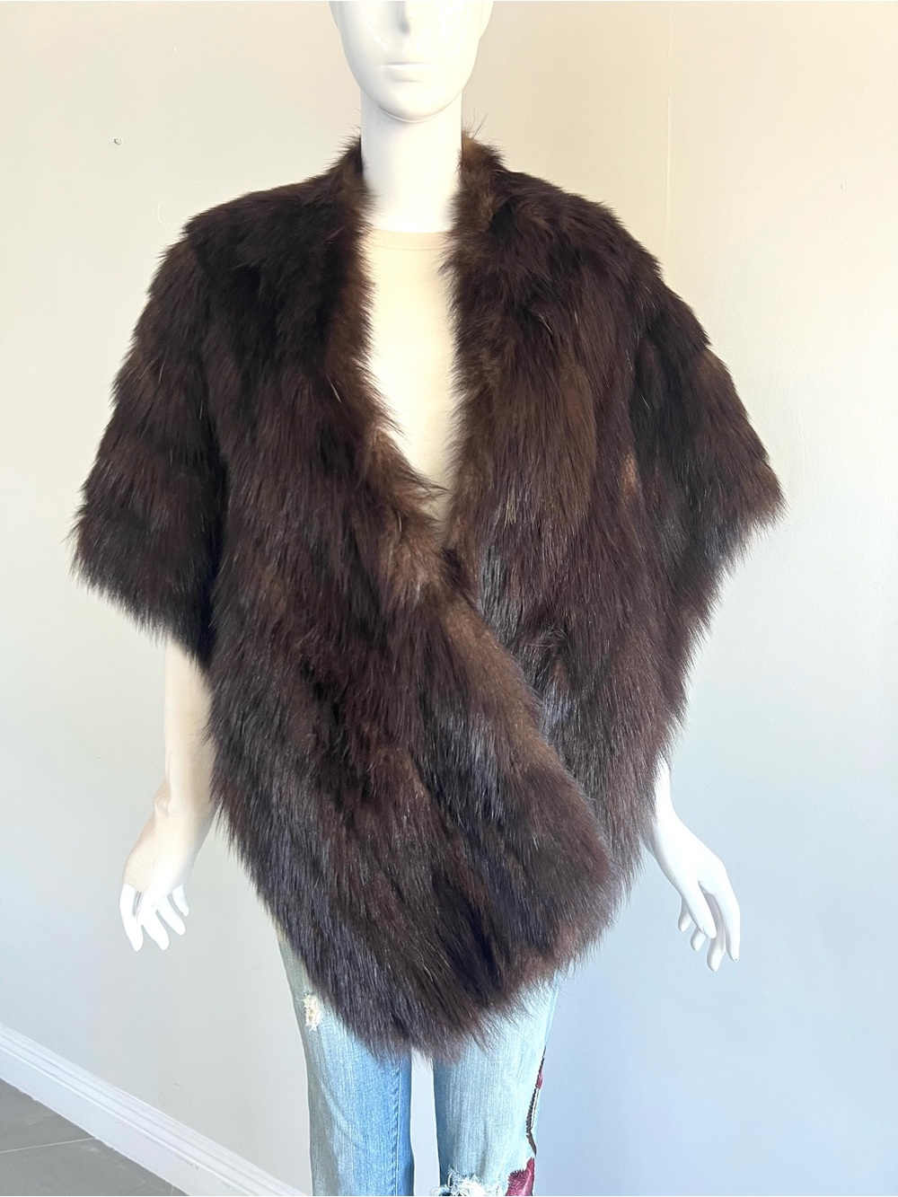 Vintage Genuine Fur Capelet Stole Dark Chocolate Brown Luxurious Lining